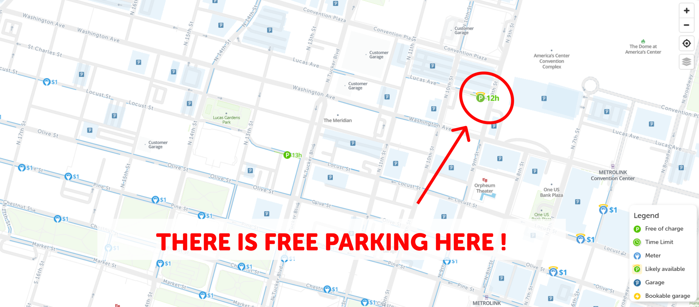 map of free parking in St. louis - SpotAngels